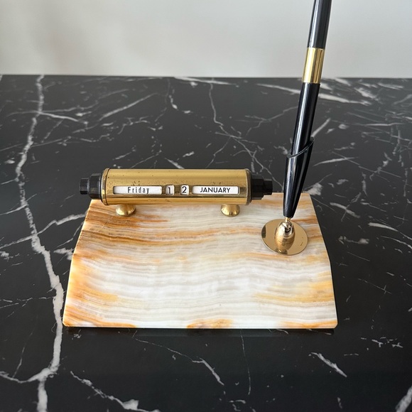 Vintage Onyx Rolling Date Fountain Pen Office Desk Stand Light Natural Patina - Picture 1 of 11